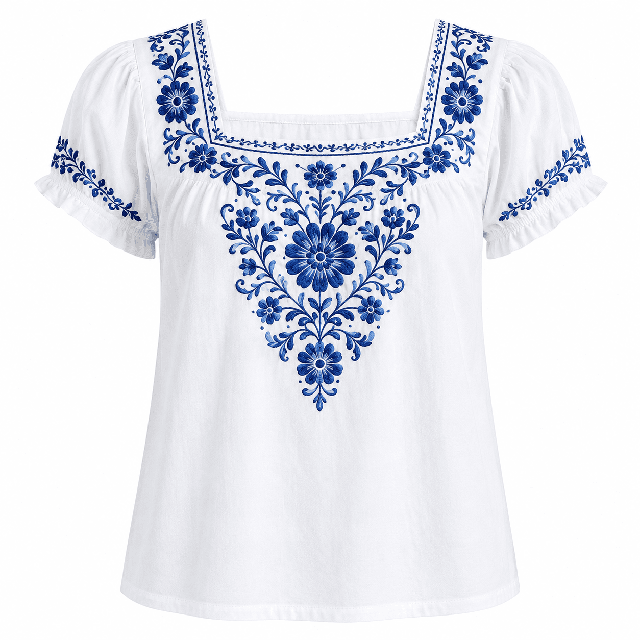 Blusa bordada floral azul estilo talavera