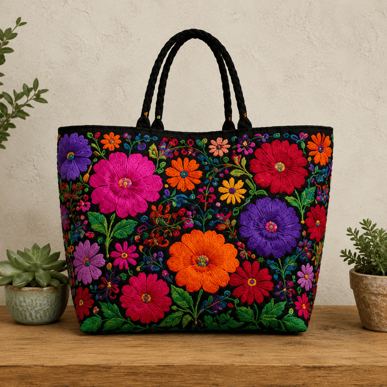 Bolsa artesanal bordada floral negra