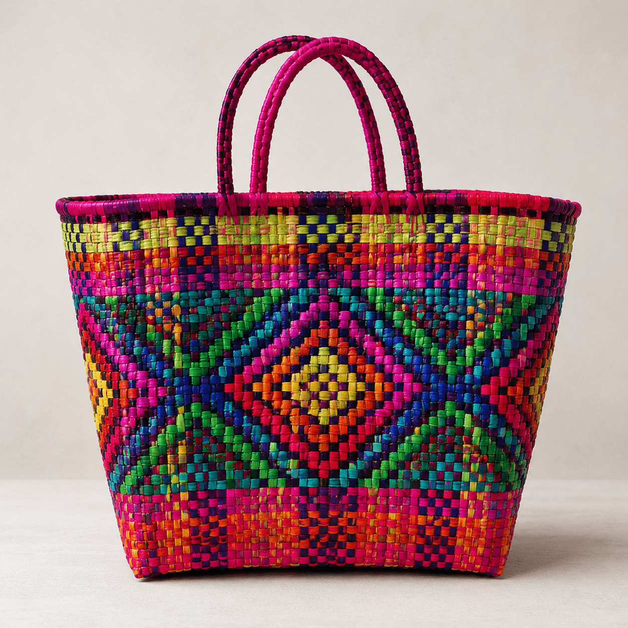 Bolsa artesanal tejida multicolor, asas rosas