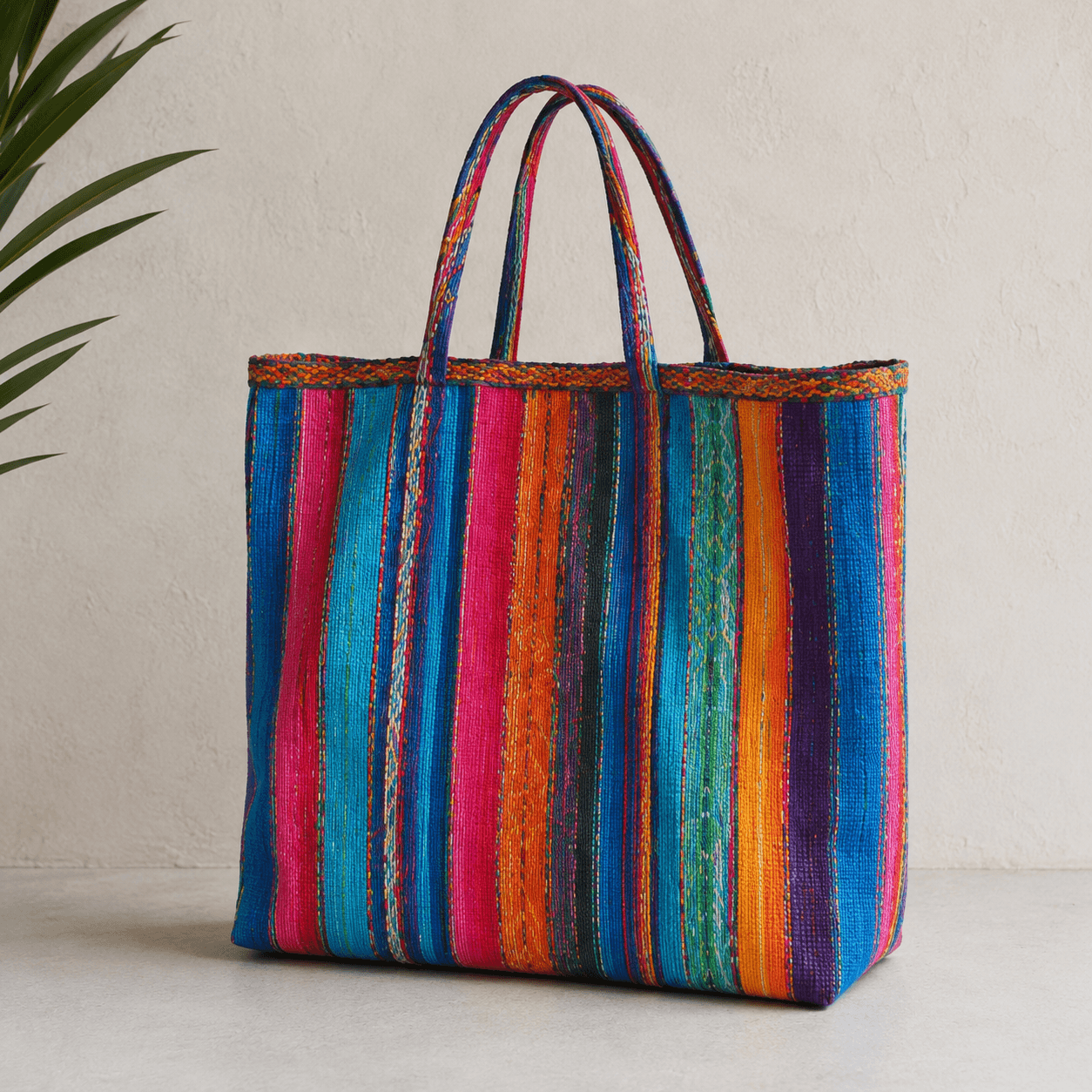 Bolsa artesanal tejida a rayas multicolor